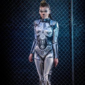 Badinka Warbot robot android machine Costume Women's S/XS Bodysuit+ led glasses